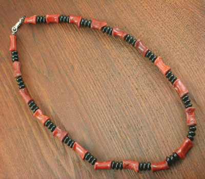 Necklace Coral and  Jet with Sterling Silver